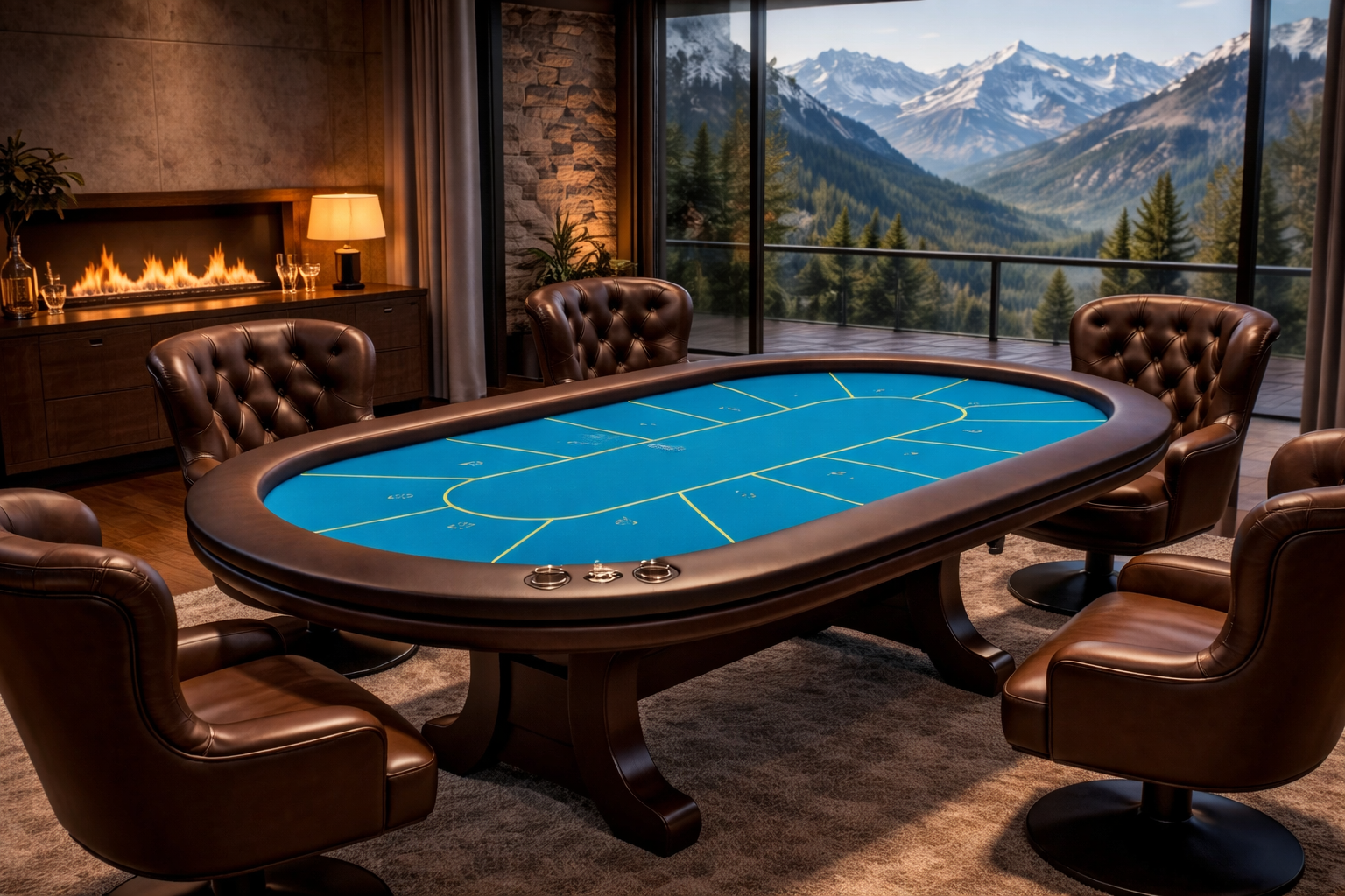 Покерный стол в премиальном интерьере у камина