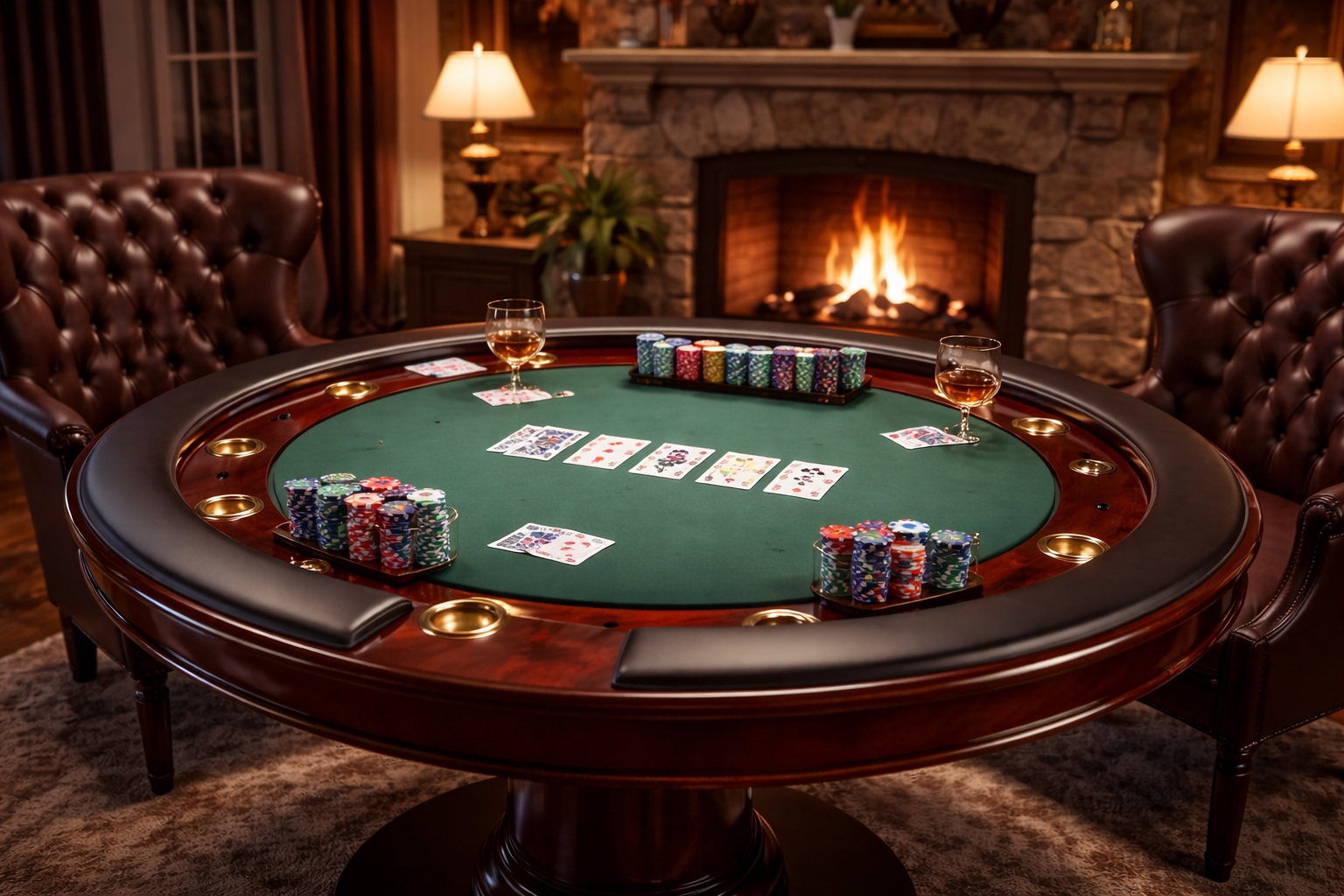 Покерный стол в современном интерьере, панорама гор