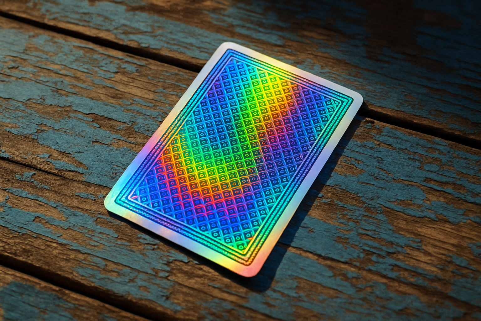 Игральная карта с голографической фольгой на деревянном столе